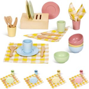 Wooden Play Dishes and Plates for Kids Kitchen Set,25 PCS Wooden Play Kitchen Accessories, Play Montessori Kitchen Toy for Toddlers.