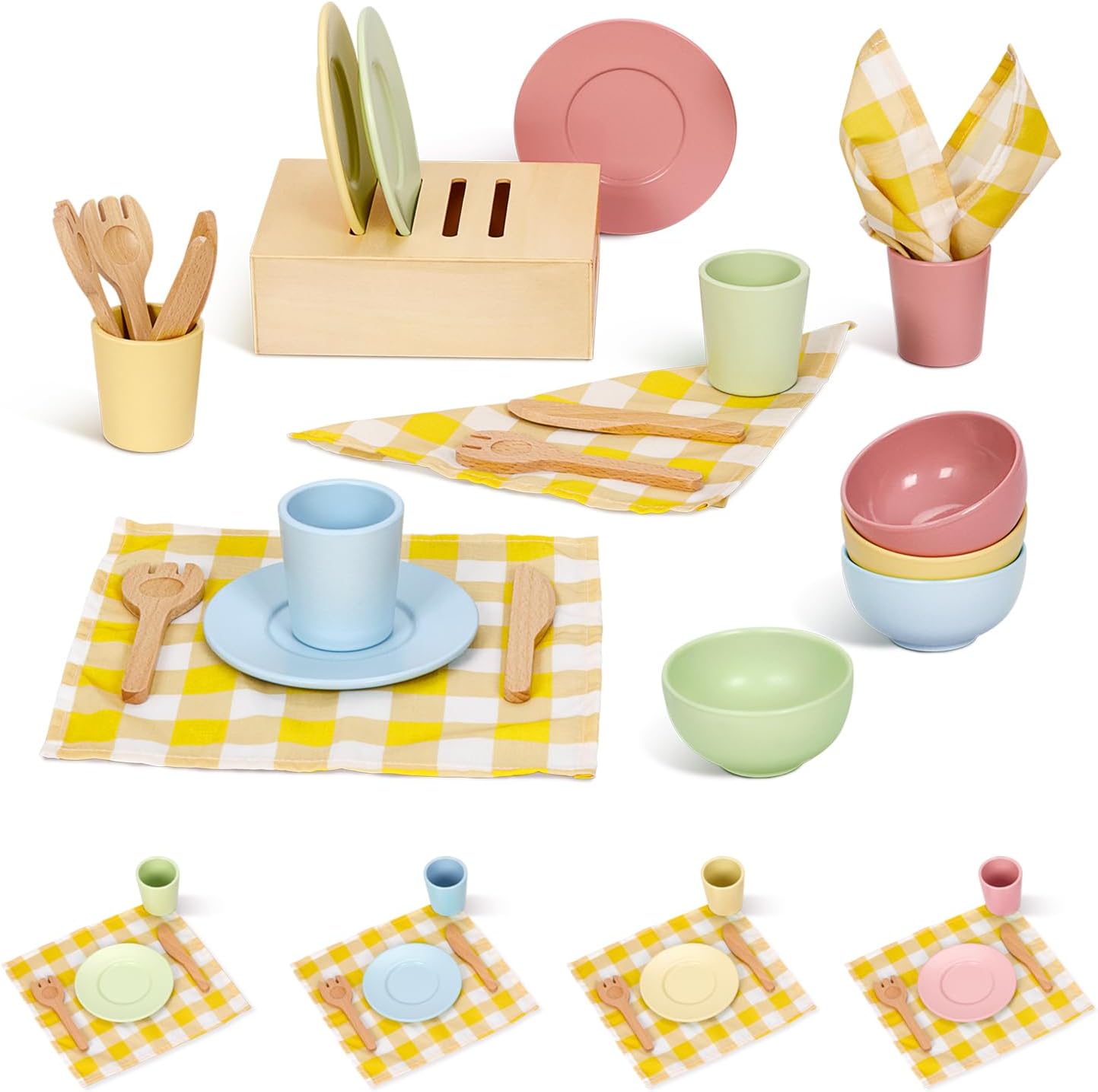 Wooden Play Dishes and Plates for Kids Kitchen Set,25 PCS Wooden Play Kitchen Accessories, Play Montessori Kitchen Toy for Toddlers.