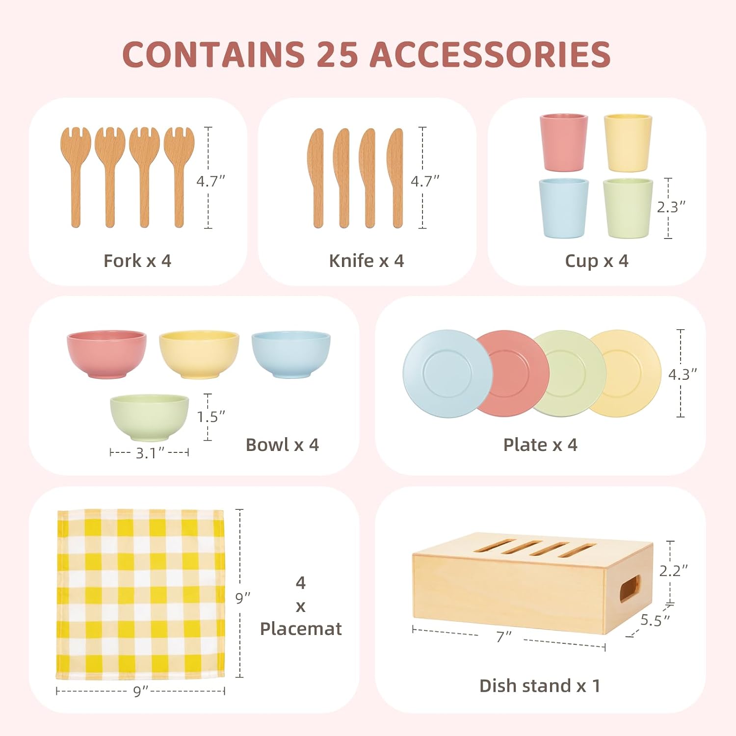 Wooden Play Dishes and Plates for Kids Kitchen Set,25 PCS Wooden Play Kitchen Accessories, Play Montessori Kitchen Toy for Toddlers. - Image 2