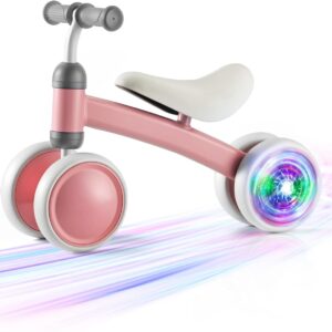Colorful Lighting Baby Balance Bike, 1st Birthday Girl Gifts with 4 Silent Wheels & Soft Seat, Balance Bike 1 Year Old No Pedal, 12-24 Months Toddler Ride-on Toys, Baby Walker for Girls Boys, Pink
