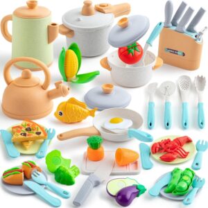 42Pcs Play Kitchen Accessories, Kids Kitchen Pretend Play Toys with Play Pots and Pans, Utensils Cookware Toys, Play Food Set, Toy Vegetables, Learning Gift for Girls Boys