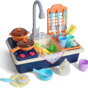 Toy Kitchen Sink Playset with Play Cooking Stove & Running Water, Kids Play Kitchen Toy with Dish Rack & Play Cutting Food, Utensils Tableware Accessories for Kids Toddlers
