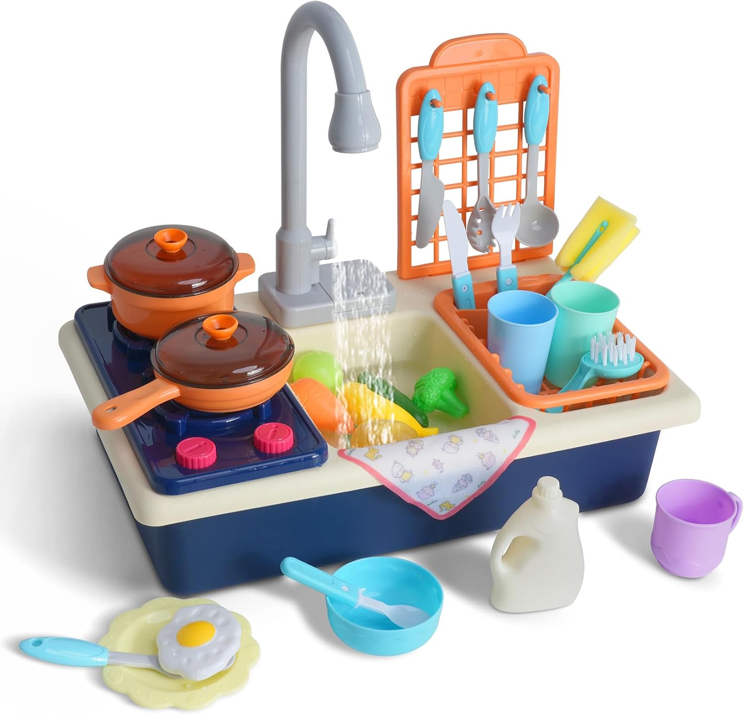 Toy Kitchen Sink Playset with Play Cooking Stove & Running Water, Kids Play Kitchen Toy with Dish Rack & Play Cutting Food, Utensils Tableware Accessories for Kids Toddlers