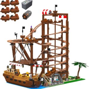 Roller Coaster Building Blocks Train Set. Double Helix Track Model Kit for Teen Boys Son, Grandchildren, Nephews, Block Lovers. Pirate Ship Kids Puzzles with Motors, Christmas Birthday Gifts-2174 Pcs