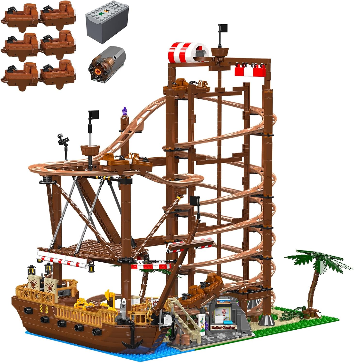 Roller Coaster Building Blocks Train Set. Double Helix Track Model Kit for Teen Boys Son, Grandchildren, Nephews, Block Lovers. Pirate Ship Kids Puzzles with Motors, Christmas Birthday Gifts-2174 Pcs