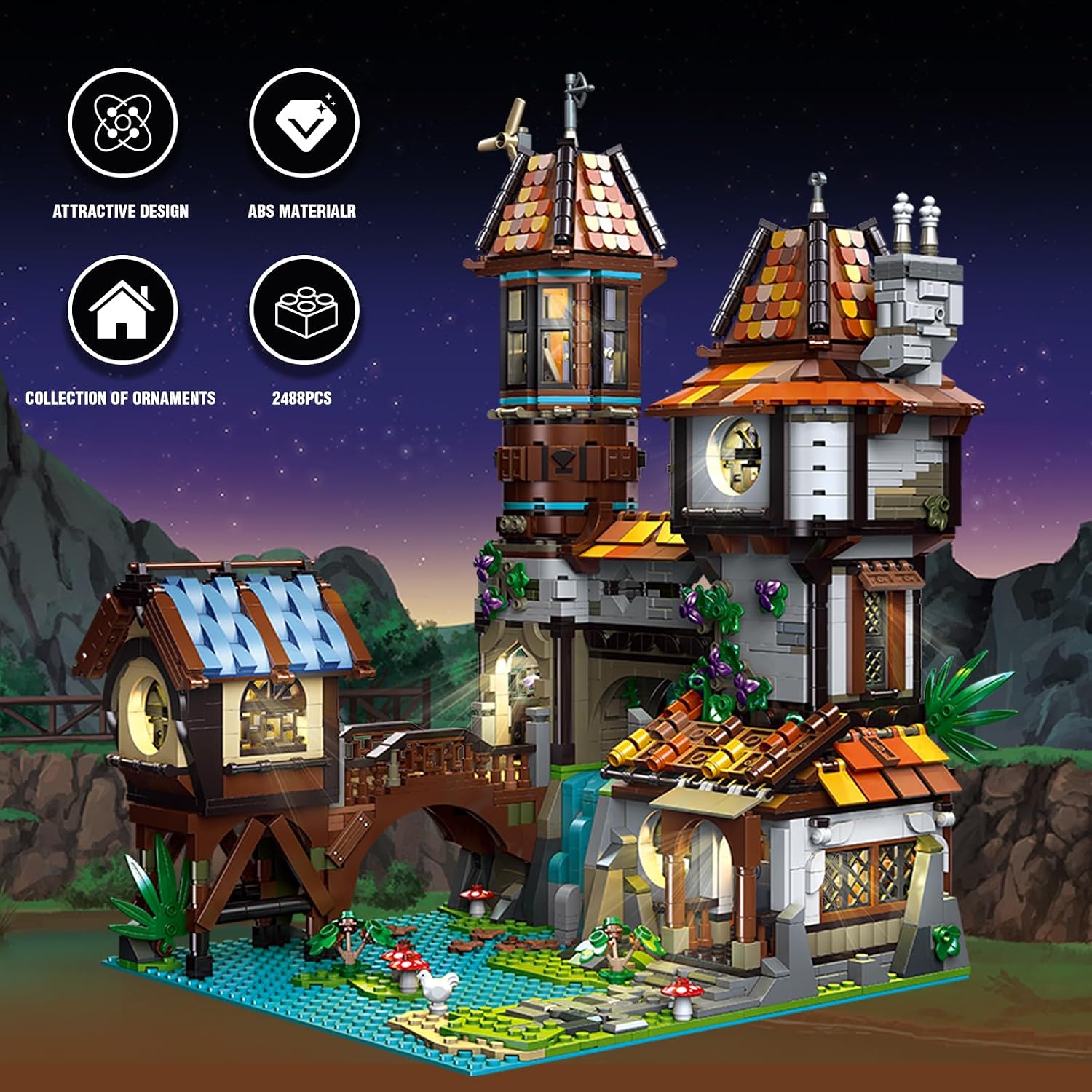 Retro Cabin Building Blocks Kit, Lighting Medieval Castle Building Set for Adults, Architecture House Model Idea Gifts Home Decoration 2488 PCS - Image 2
